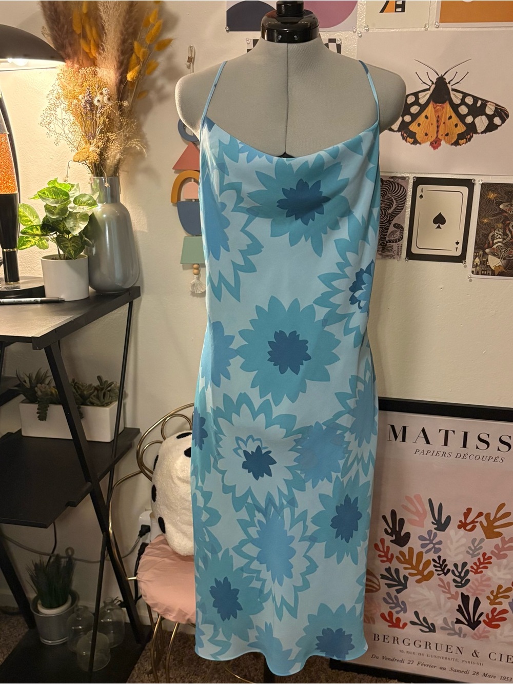 Express Blue Floral Cowl Neck Slip Dress